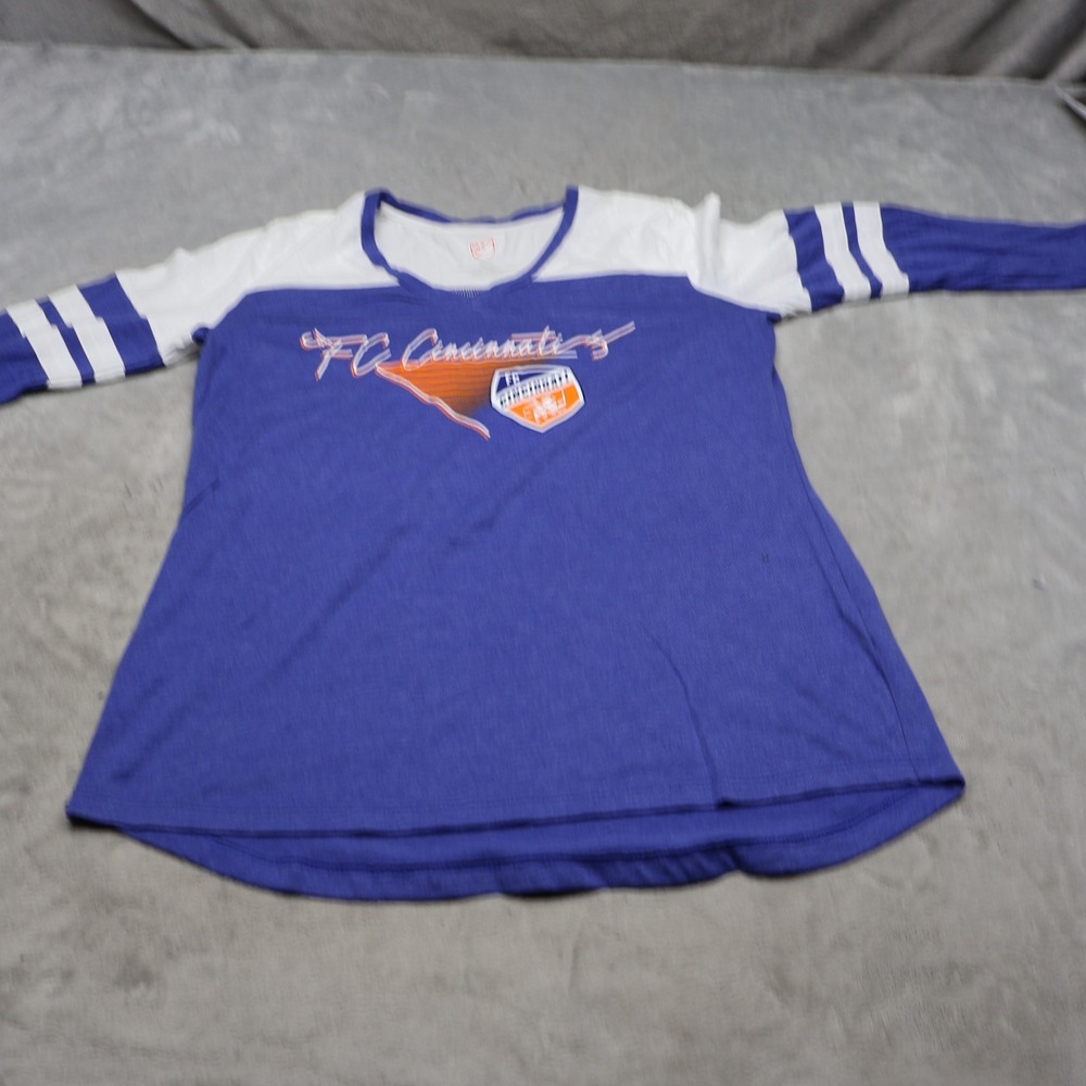 FC Cincinnati Shirt Womens Medium MLS Blue V-Neck 3/4 Sleeve Soccer Graphic Tee